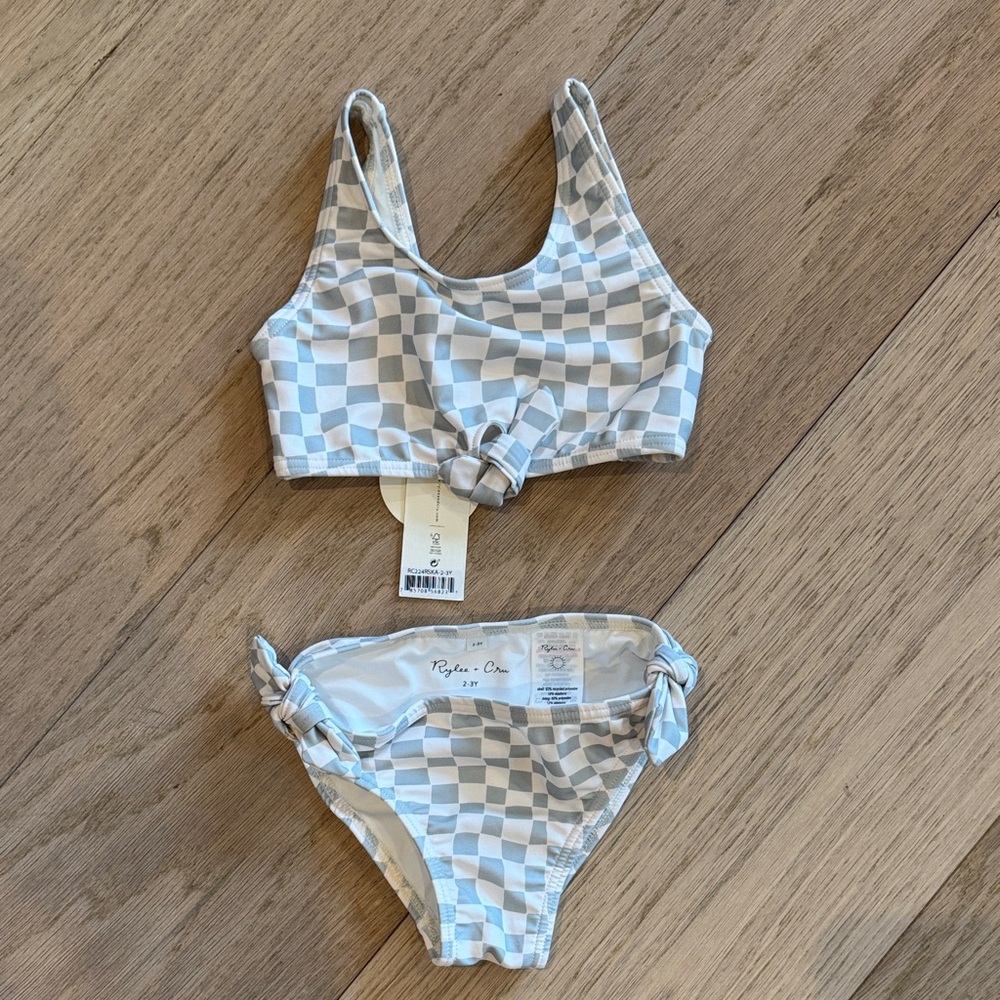 NWT Rylee + Cru Girls Checkerboard Bikini Set in Light Blue and White